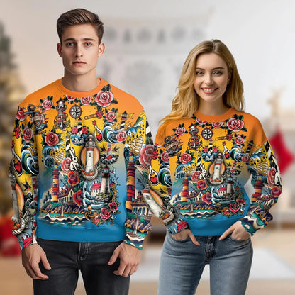 Traditional Lighthouse Sweatshirt, 3D All Over Print Coastal Nautical Crewneck Pullover for Men Women, Lighthouse Lover Gift - Netecom