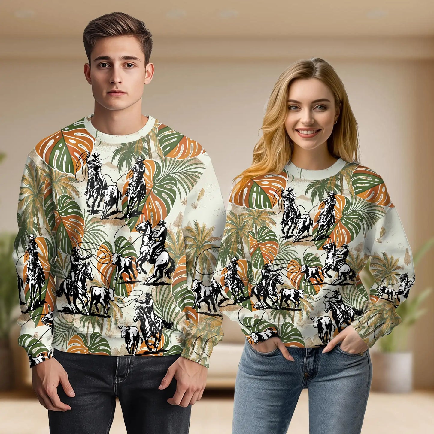 Roping Colorful Leaves Sweatshirt, 3D All Over Print Western Rodeo Floral Crewneck Pullover for Men Women, Roping Lover Gift - Netecom