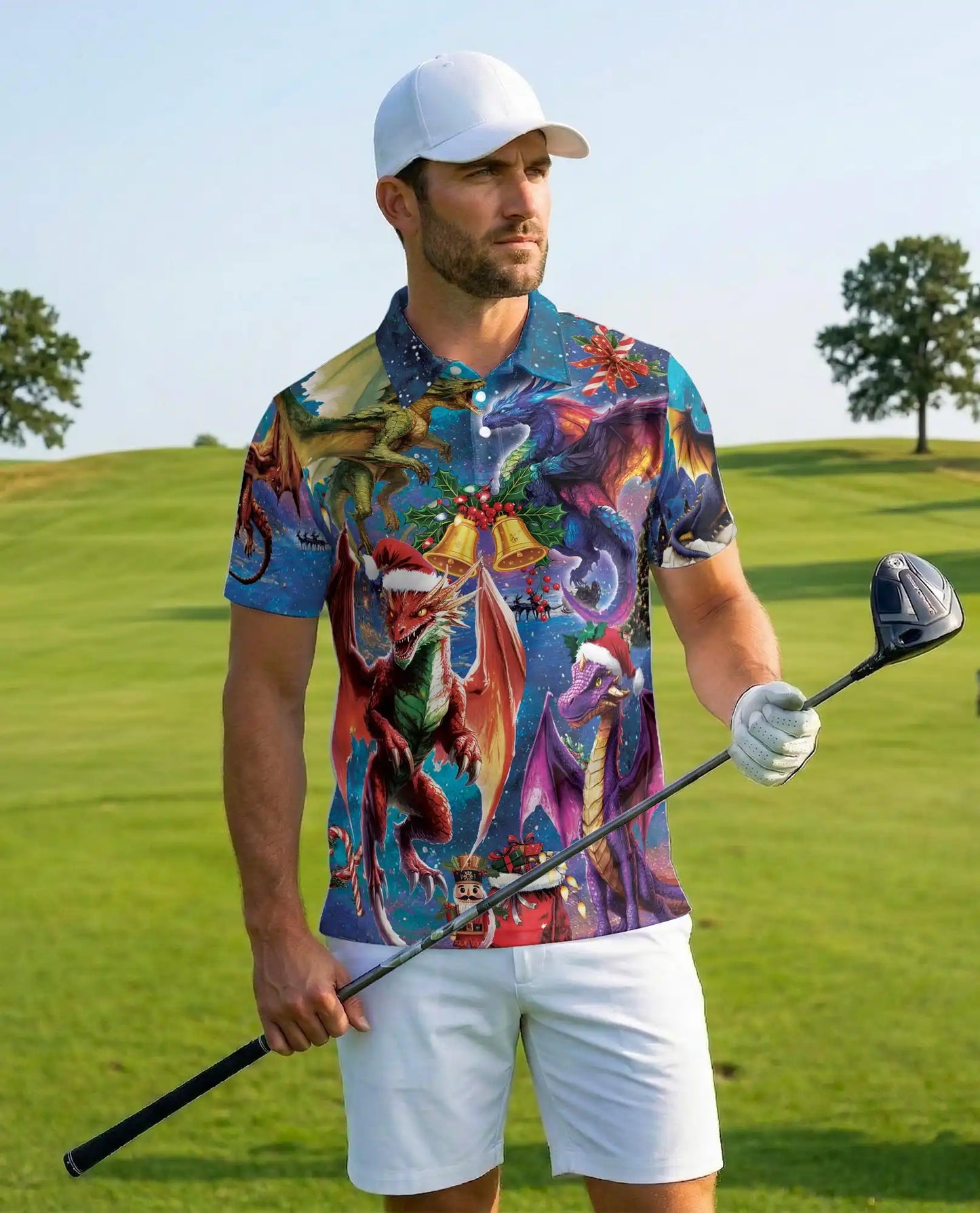 Christmas Dragon 3D Polo Shirt for Men – Fantasy Holiday Winter Style | Netecom