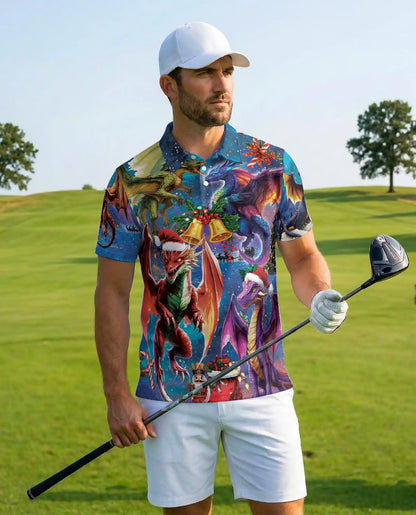 Christmas Dragon 3D Polo Shirt for Men – Fantasy Holiday Winter Style | Netecom