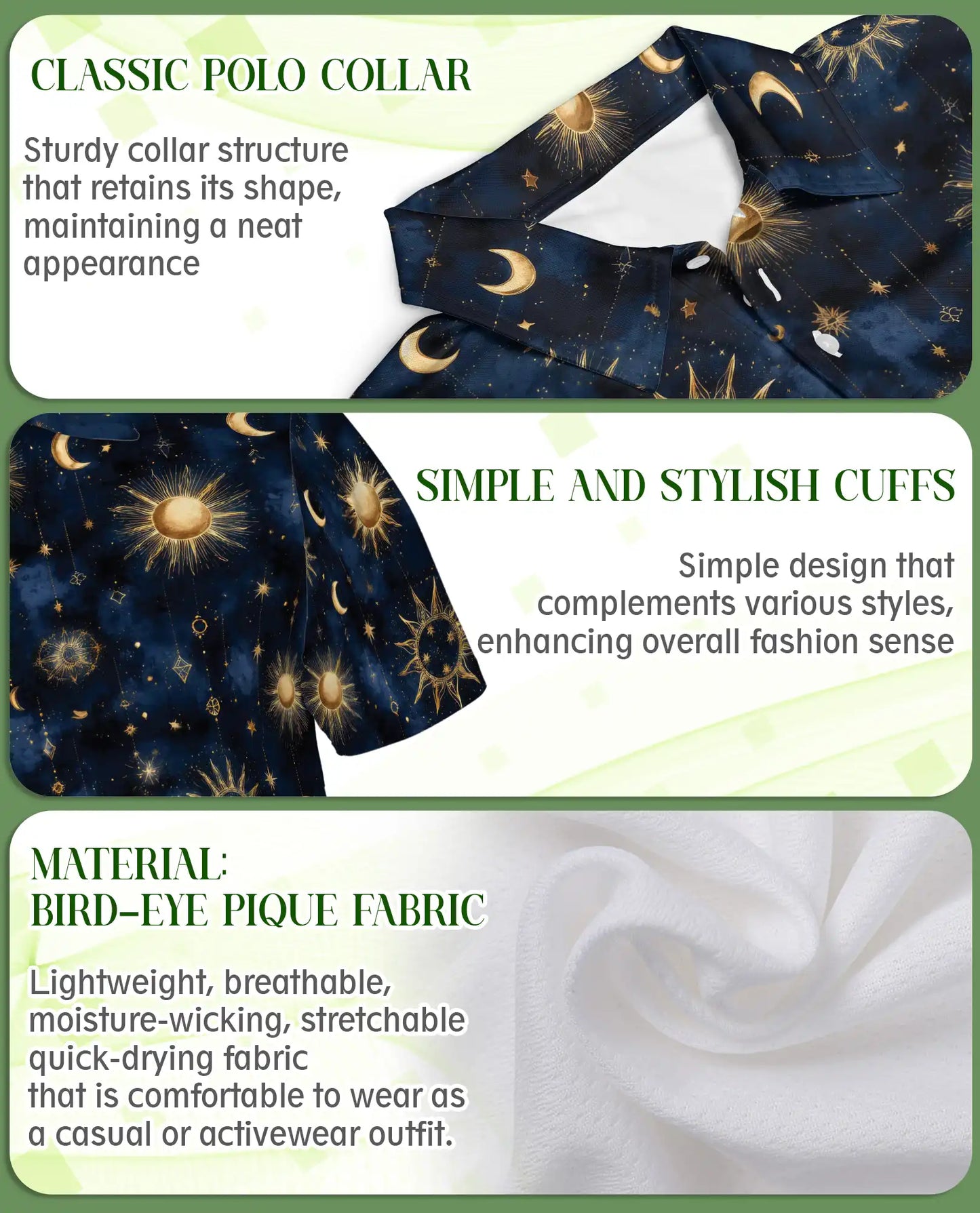Celestial Sun Moon Polo Shirt for Men- Starry Night Pattern | Netecom