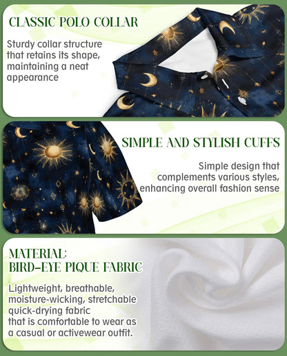 Celestial Sun Moon Polo Shirt for Men- Starry Night Pattern | Netecom