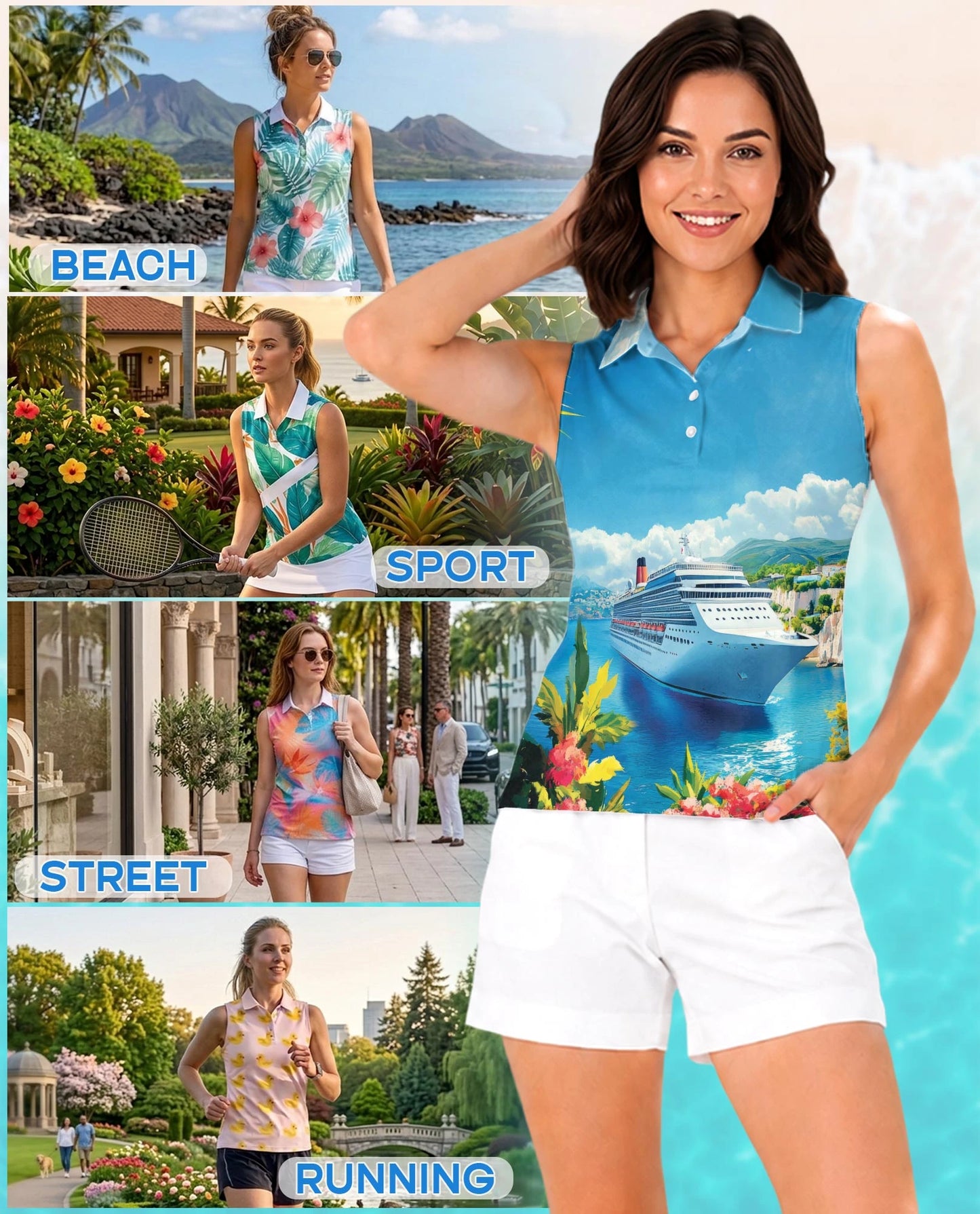 Cruise Ship Half Moon Cay Sleeveless Polo Shirt for Women | Netecom