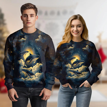 Midnight Whale Sweatshirt, 3D All Over Print Ocean Night Crewneck Pullover for Men Women, Whale Lover Gift - Netecom