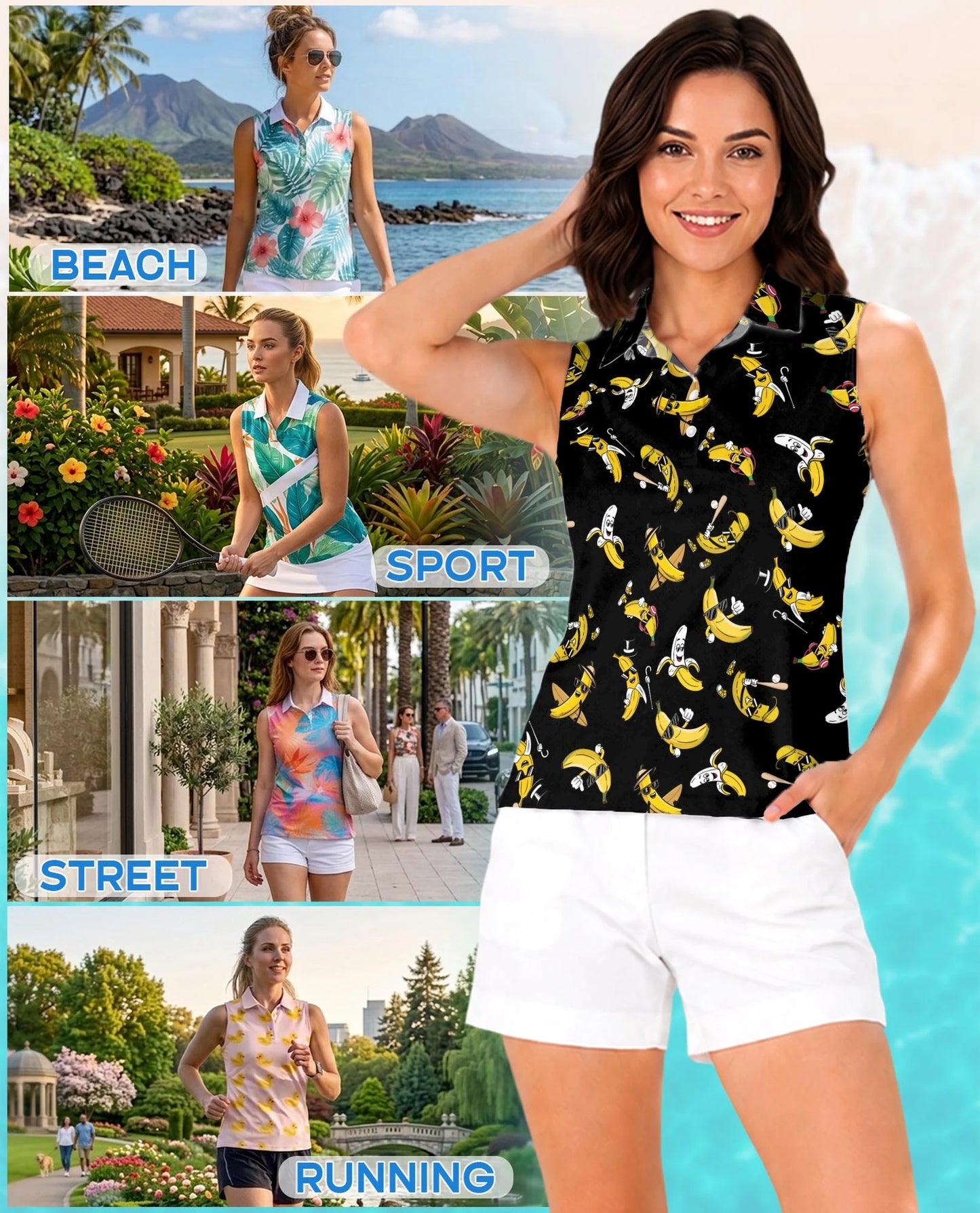 Banana Pattern Sleeveless Polo Shirt for Women | Netecom