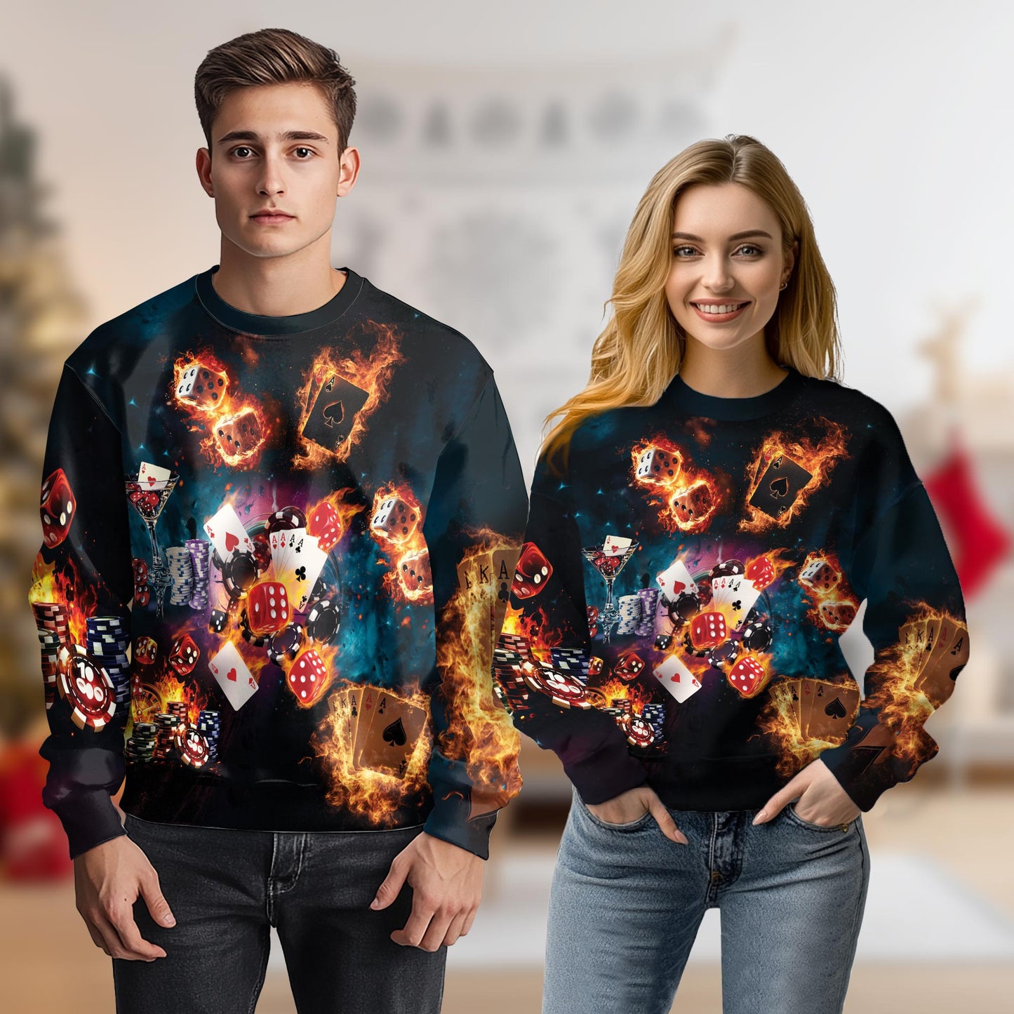 Burning Dice Poker Sweatshirt, 3D All Over Print Casino Gaming Crewneck Pullover for Men Women, Poker Player Gift - Netecom
