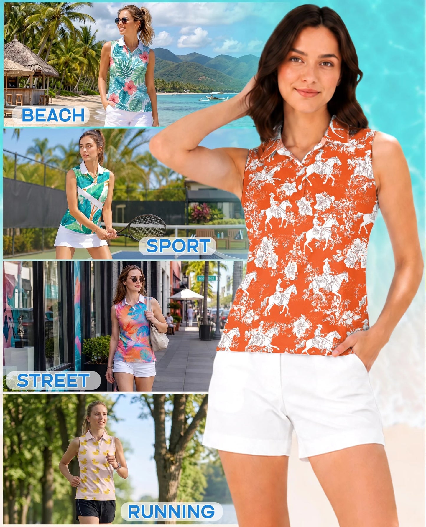 Orange Equestrian Horse Floral Sleeveless Polo Shirt for Women | Netecom