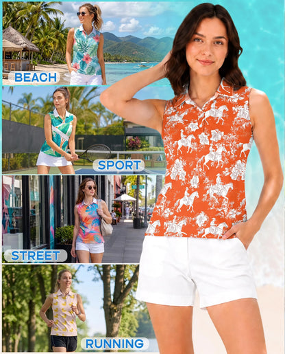 Orange Equestrian Horse Floral Sleeveless Polo Shirt for Women | Netecom