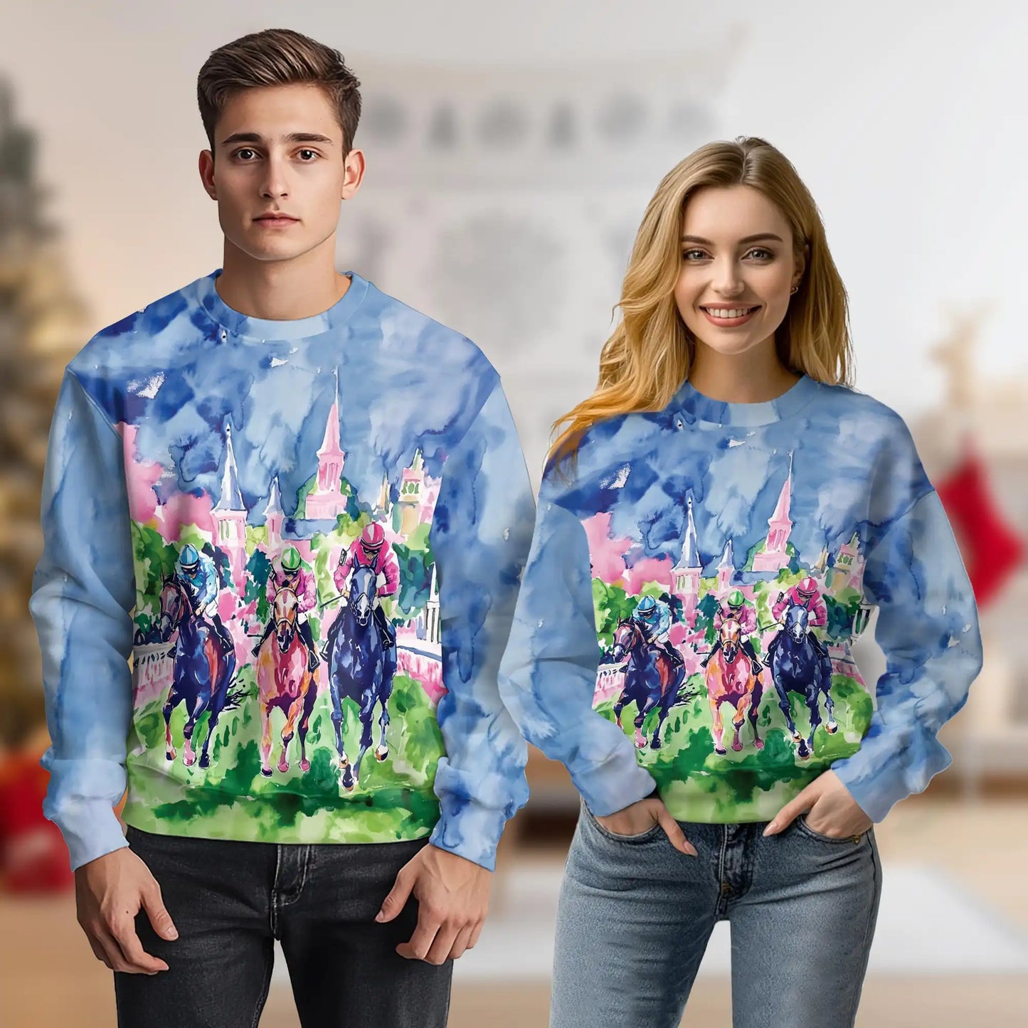 Watercolor Horse Racing Sweatshirt, 3D All Over Print Equestrian Horse Crewneck Pullover for Men Women, Horse Lover Gift - Netecom