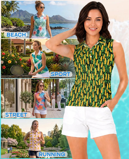 Agricultural Corn Cob Sleeveless Polo Shirt for Women | Netecom