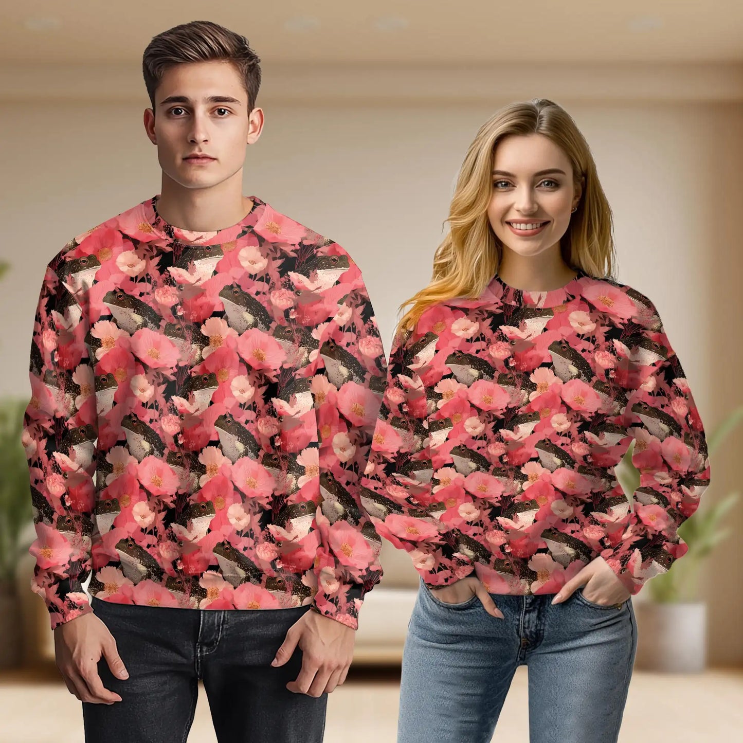 Frogs Floral Sweatshirt, 3D All Over Print Cute Frog Botanical Crewneck Pullover for Men Women, Frog Lover Gift - Netecom