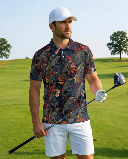 Iguana Tropical Polo Shirt - Hawaiian Reptile Floral Wildlife Design | Netecom