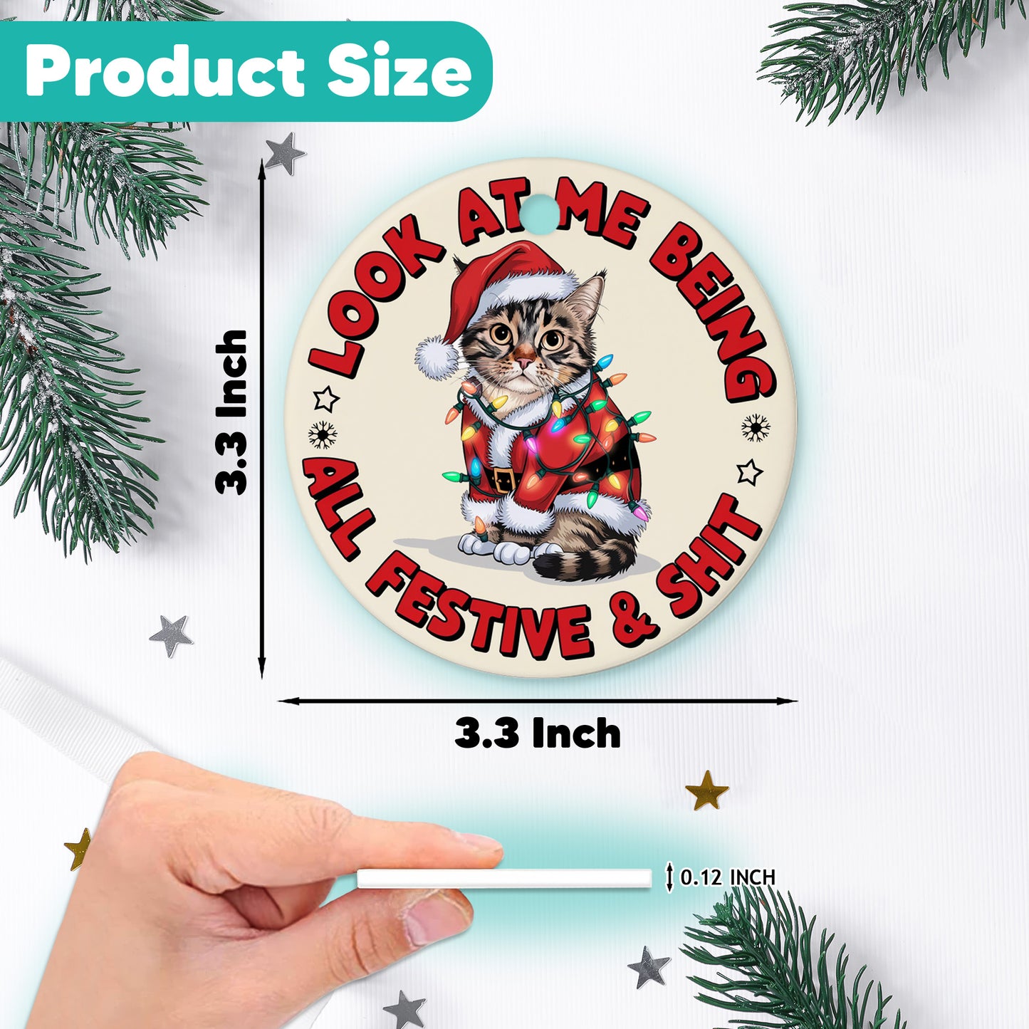 Netecom Funny Cat in Santa Outfit Ornament, Look At Me Being All Festive and Shit Ceramic Ornament for Christmas Tree Hanging Decorations Gift, Cat Lover Gifts, Holiday Party Present