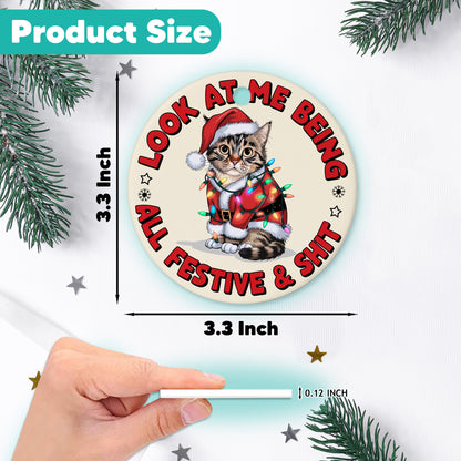 Netecom Funny Cat in Santa Outfit Ornament, Look At Me Being All Festive and Shit Ceramic Ornament for Christmas Tree Hanging Decorations Gift, Cat Lover Gifts, Holiday Party Present