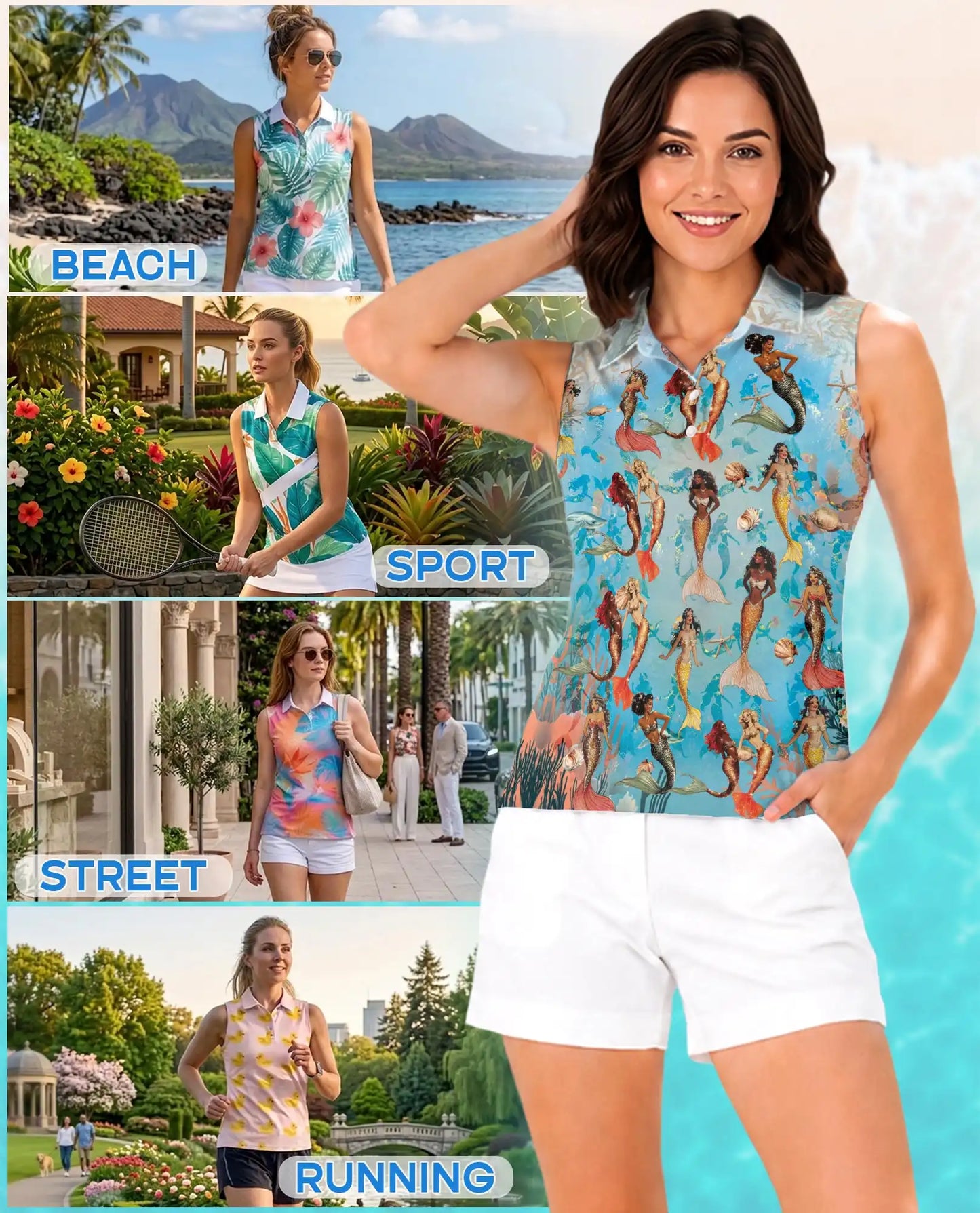 Lovely Mermaid Sea Sleeveless Polo Shirt for Women – Ocean Fantasy Style | Netecom