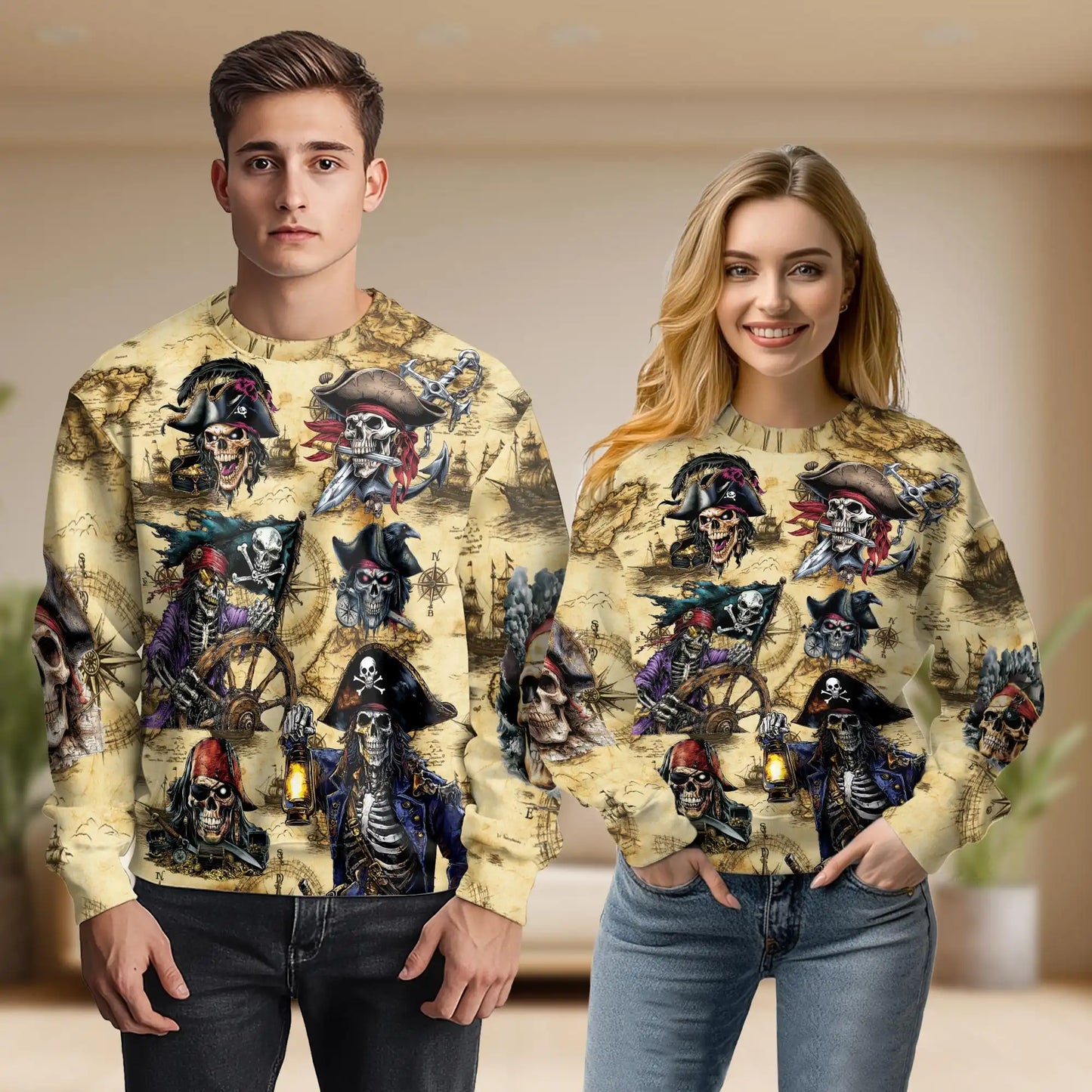 Vintage Pirate Map and Skulls Sweatshirt, 3D All Over Print Nautical Treasure Crewneck Pullover for Men Women, Pirate Lover Gift - Netecom