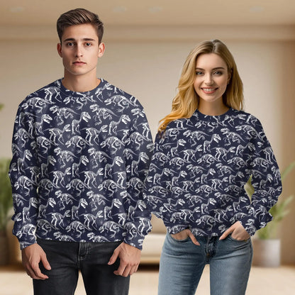 Dinosaur Skeleton Sweatshirt, 3D All Over Print Prehistoric Fossil Crewneck Pullover for Men Women, Dinosaur Lover Gift - Netecom