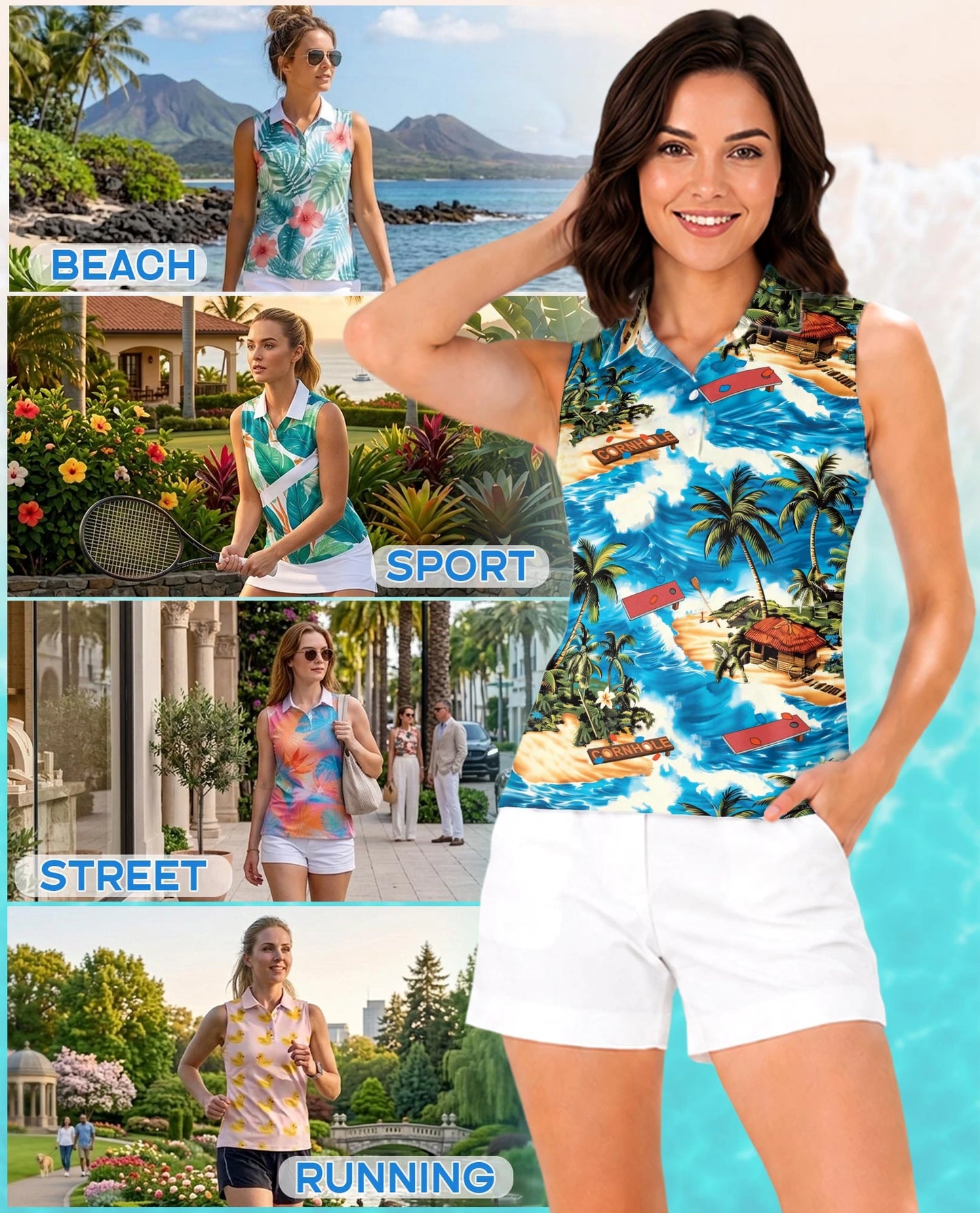 Tropical Cornhole Sleeveless Polo Shirt for Women | Netecom