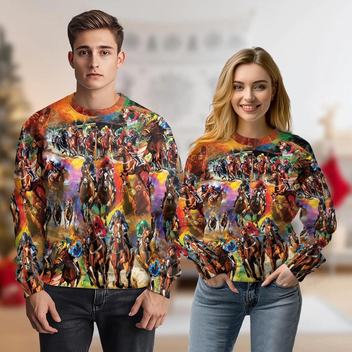 Vibrant Equestrian Horse Racing Sweatshirt, 3D All Over Print Colorful Horse Racing Crewneck Pullover for Men Women, Equestrian Lover Gift - Netecom
