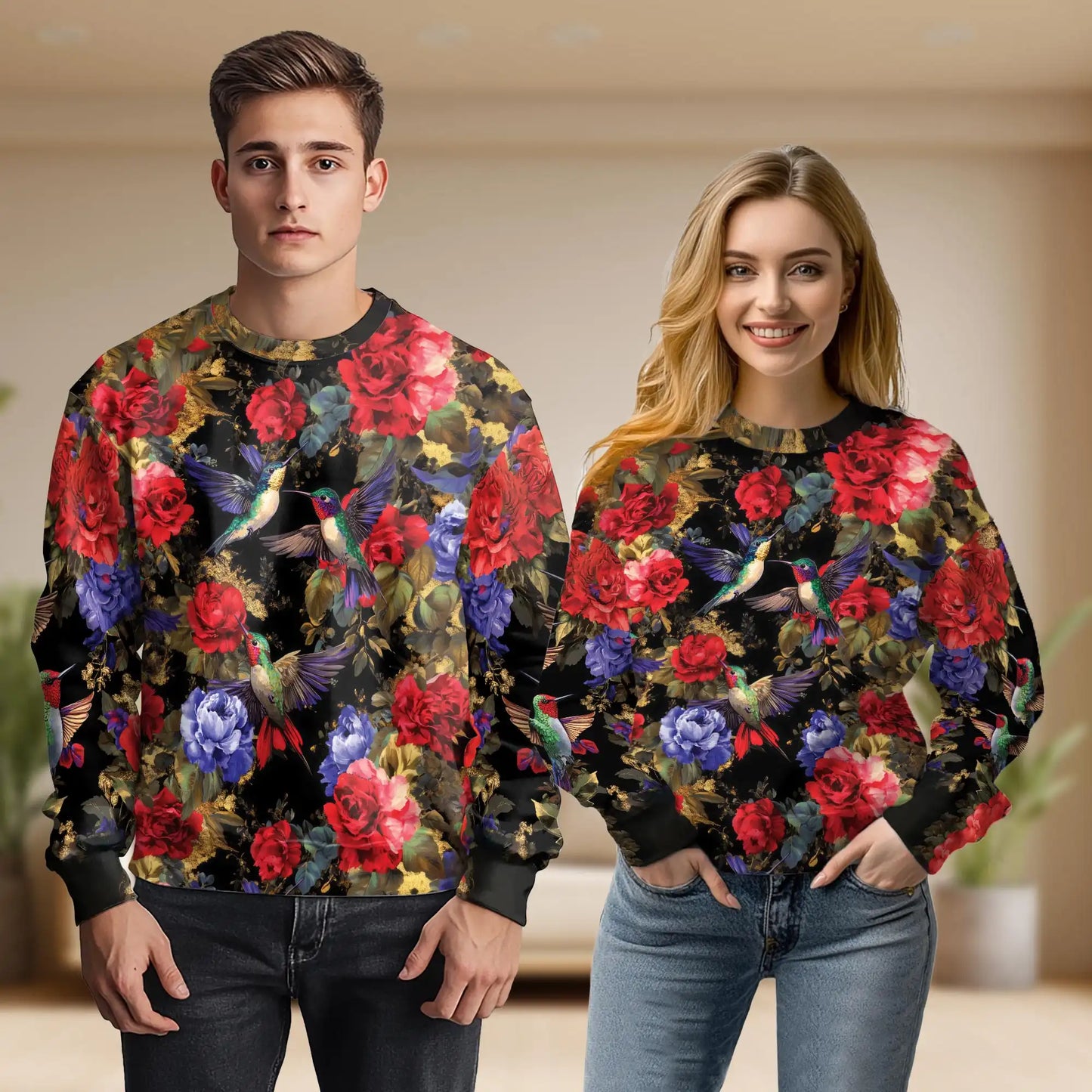 Hummingbird and Rose Floral Sweatshirt, 3D All Over Print Bird Flower Crewneck Pullover for Men Women, Hummingbird Lover Gift - Netecom