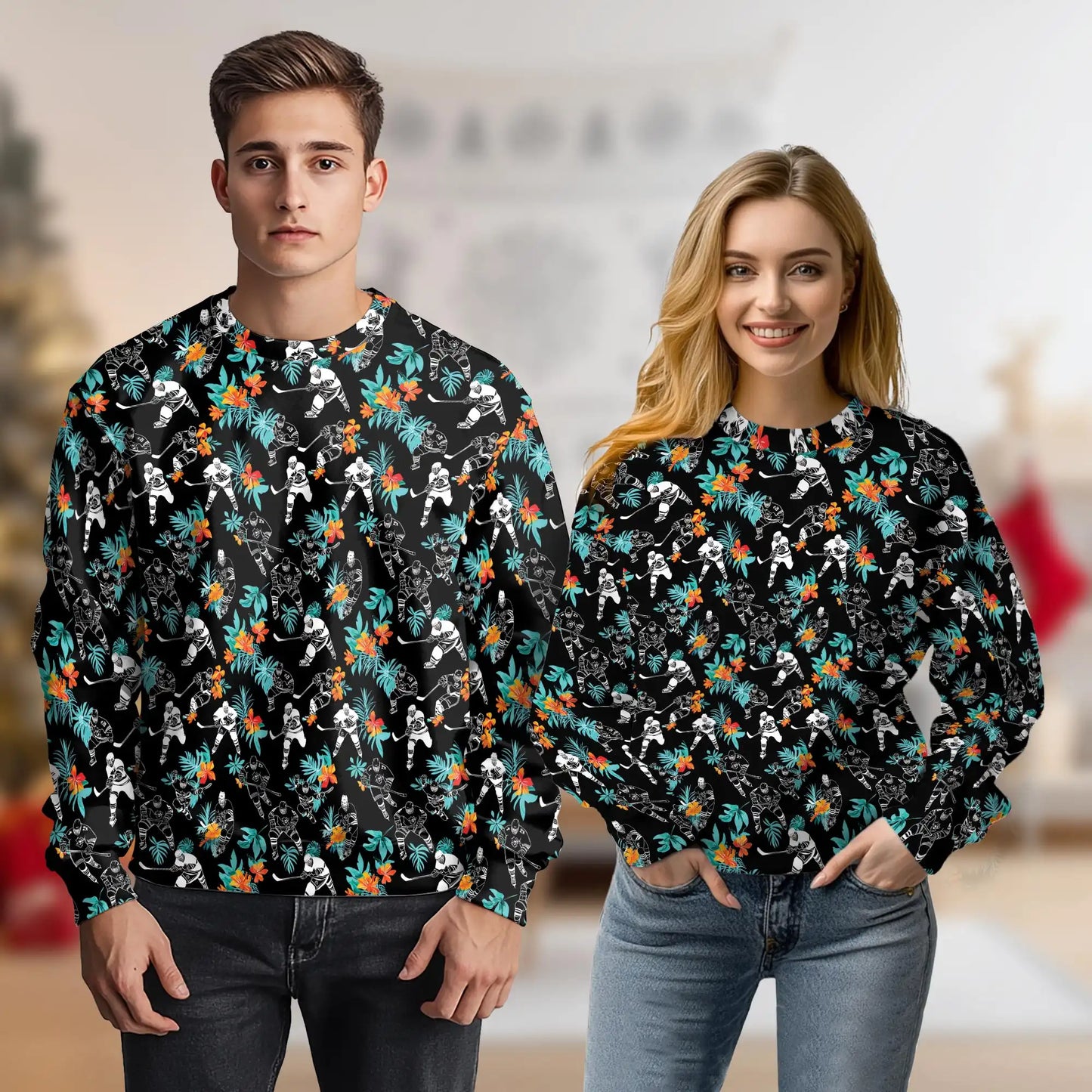 Hockey Player Sweatshirt, 3D All Over Print Black Tropical Hockey Crewneck Pullover for Men Women, Hockey Lover Gift - Netecom