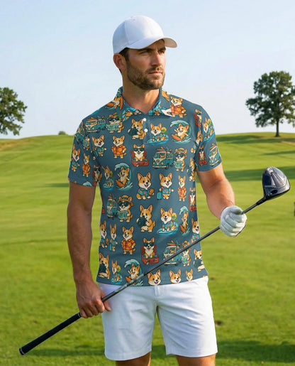 Cartoon Corgi Surfing Polo Shirt for Men – Cute Dog Beach Style | Netecom