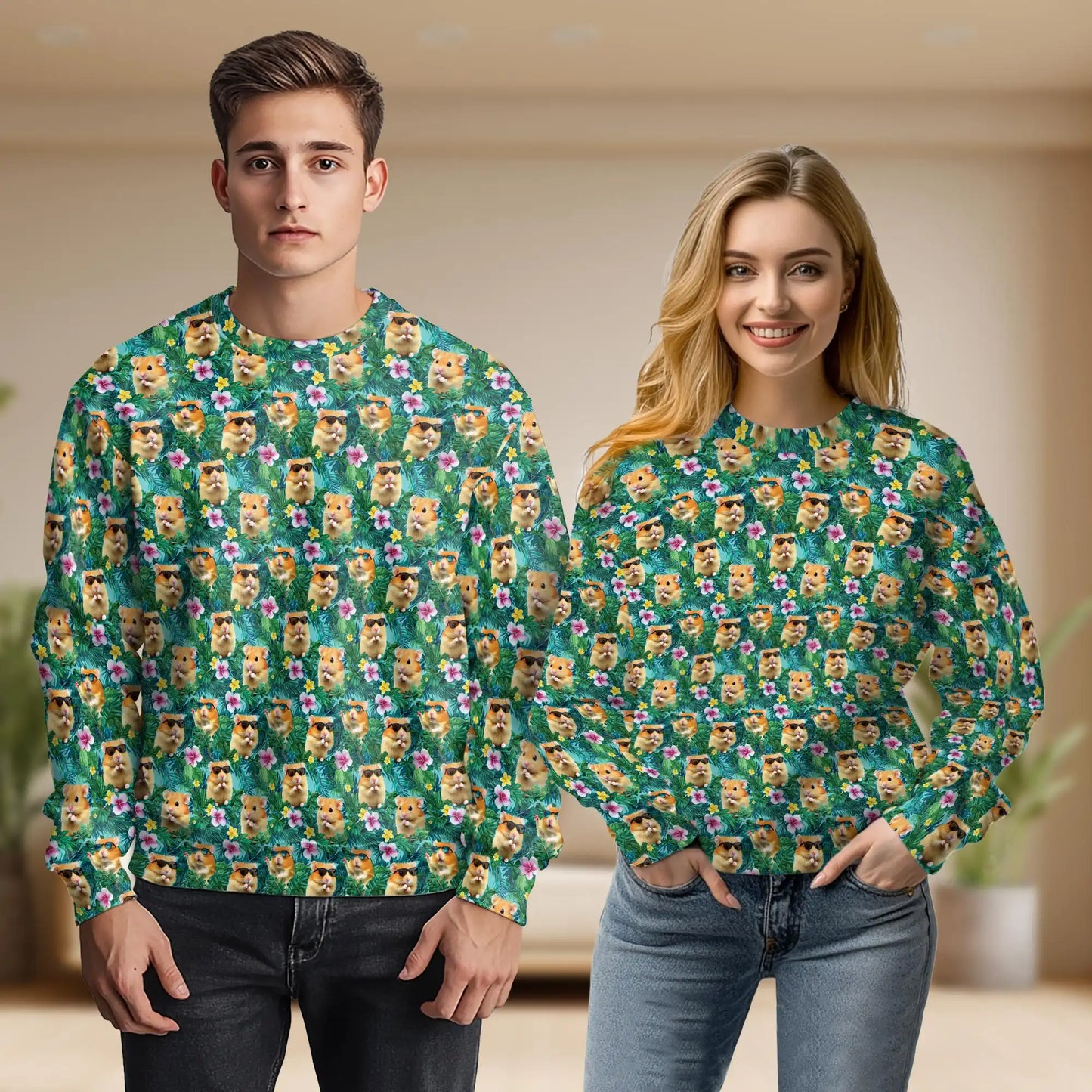 Hamster Tropical Sweatshirt, 3D All Over Print Cute Hamster Crewneck Pullover for Men Women, Small Pet Lover Gift - Netecom