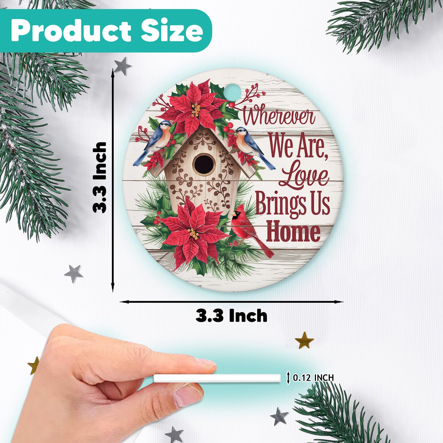 Netecom Classic Birdhouse Ornament with Red Poinsettia and Birds, Wherever We Are Love Brings Us Home Ceramic Ornament for Christmas Tree Hanging Decorations Gift, Home Decor, Holiday Present