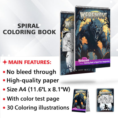 Werewolf Spiral Bound Coloring Book, Mysterious Moonlight with 30 Delightful Coloring Pages of Howling Werewolf Packs