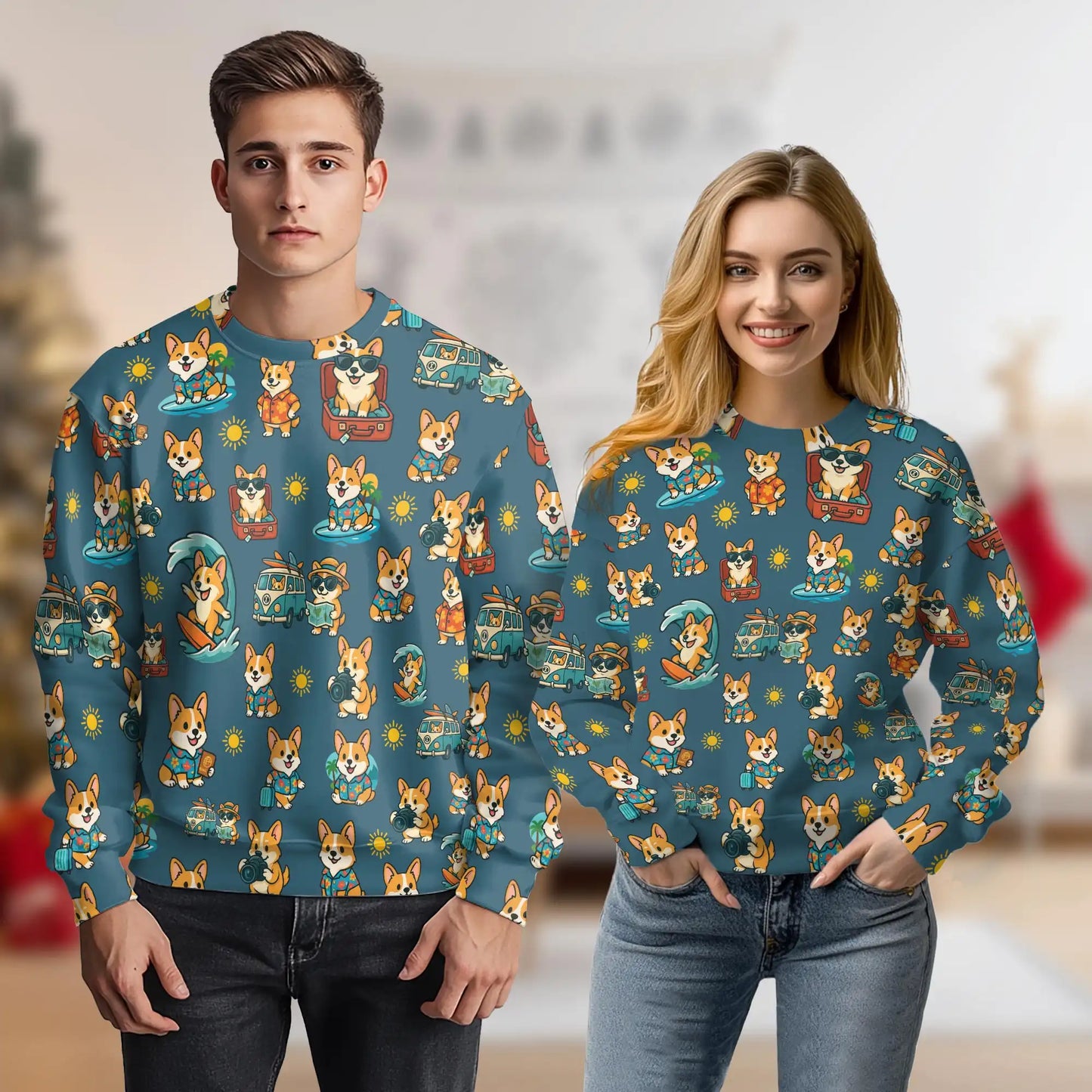 Summer Corgi Sweatshirt, 3D All Over Print Tropical Beach Dog Crewneck Pullover for Men Women, Corgi Lover Gift - Netecom