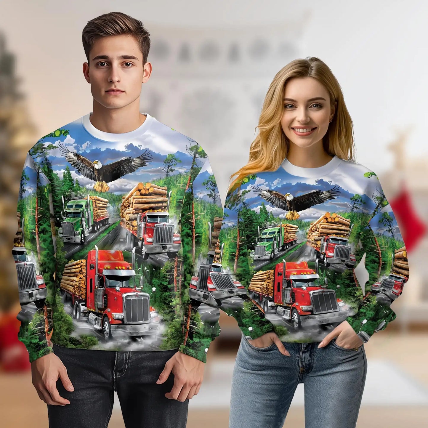 Logging Truck Eagle Sweatshirt, 3D All Over Print Forestry Crewneck Pullover for Men Women, Logger Eagle Lover Gift - Netecom