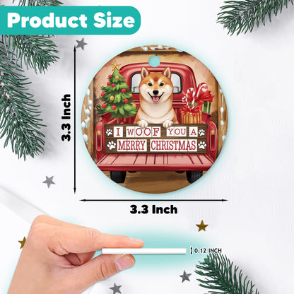 Netecom Cute Shiba Inu in Holiday Truck Ornament, I Woof You a Merry Christmas Ceramic Ornament for Christmas Tree Hanging Decorations Gift, Dog Lover Gifts, Holiday Decor Present