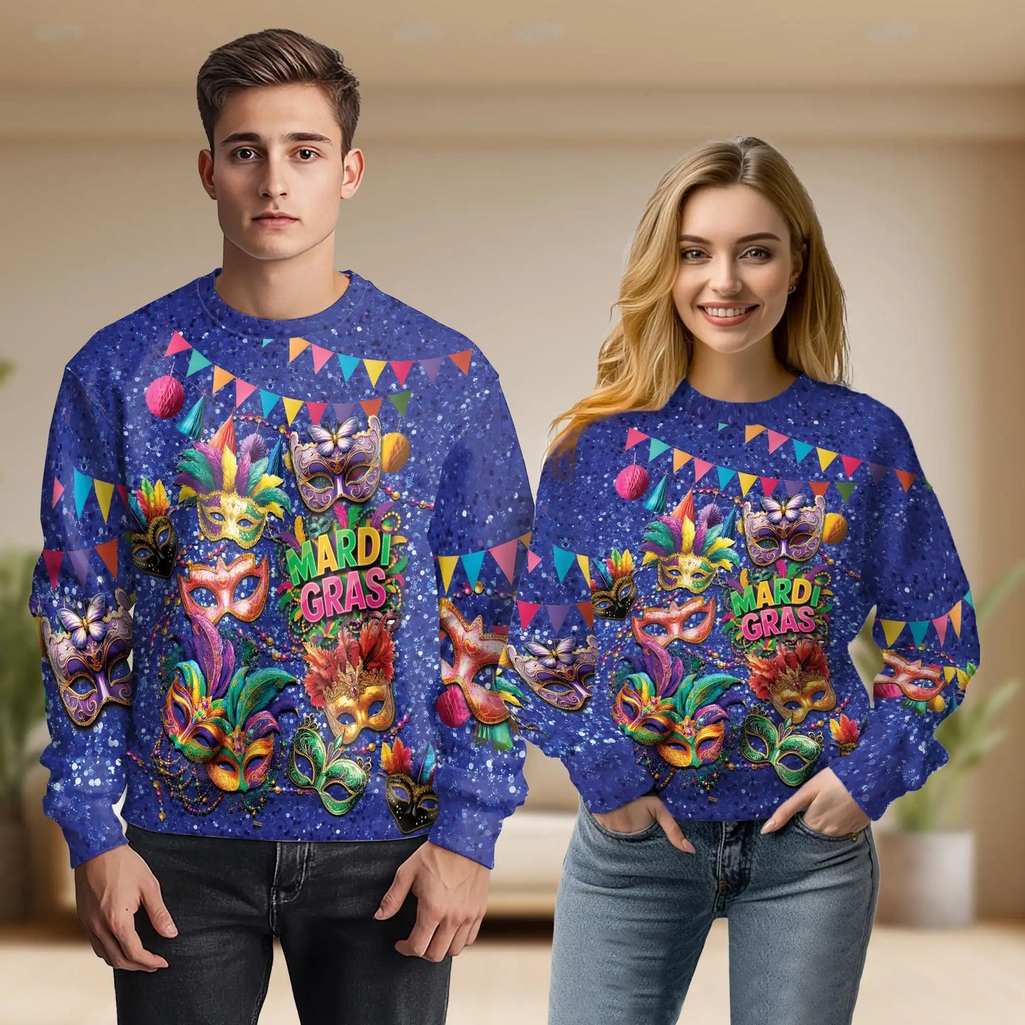 Colorful Mardi Gras Feathers and Beads Sweatshirt, 3D All Over Print Carnival Celebration Crewneck Pullover for Men Women, Mardi Gras Gift - Netecom