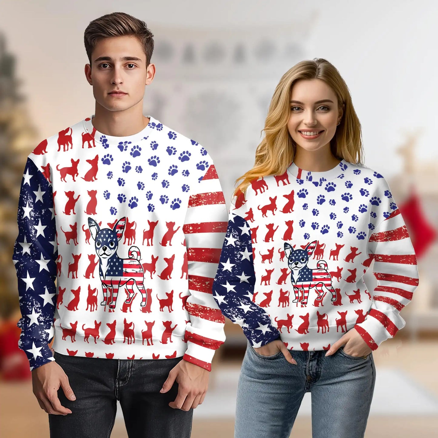 American Chihuahua Sweatshirt, 3D All Over Print Patriotic Dog Crewneck Pullover for Men Women, Chihuahua Lover Gift - Netecom