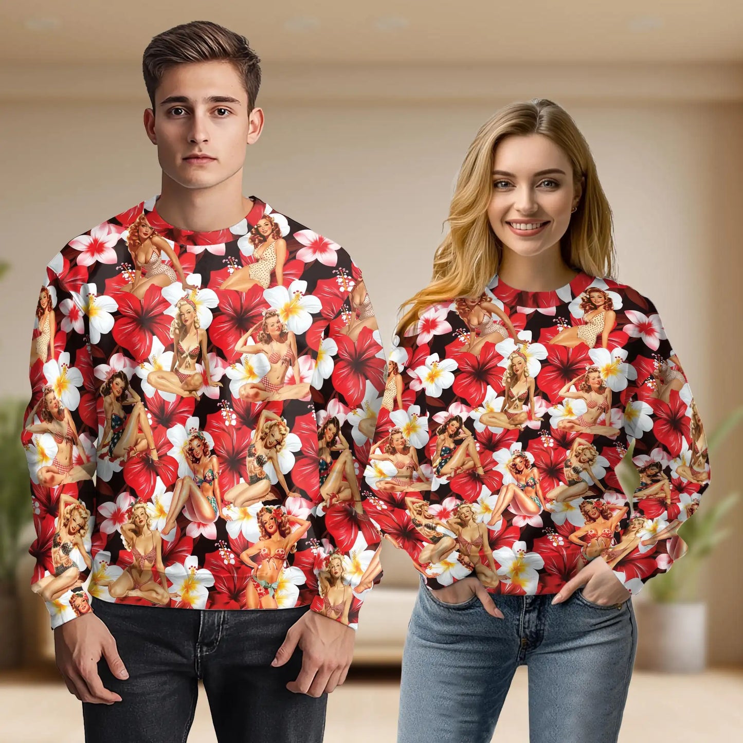 Pinup Girls Retro Tropical Red Sweatshirt, 3D All Over Print Vintage Pinup Crewneck Pullover for Men Women, Retro Style Gift - Netecom