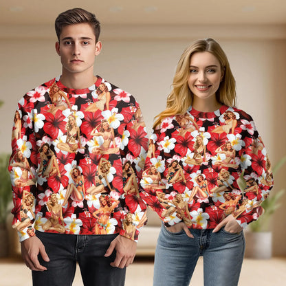 Pinup Girls Retro Tropical Red Sweatshirt, 3D All Over Print Vintage Pinup Crewneck Pullover for Men Women, Retro Style Gift - Netecom