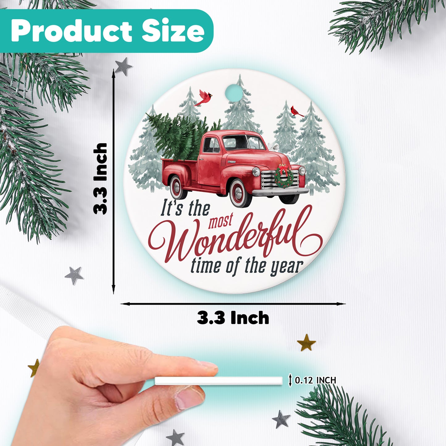 Netecom Funny Red Truck Christmas Tree Ornament, It’s the Most Wonderful Time of the Year Ceramic Ornament for Christmas Tree Hanging Decorations Gift, Truck Lover Gifts, Holiday Party Present