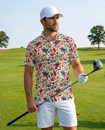 Colorful Tropical Bird Polo Shirt - Floral Folk Art Nature Pattern | Netecom