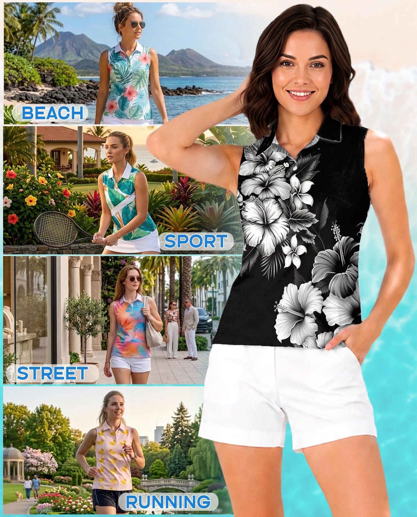 Black And White Hibiscus Sleeveless Polo Shirt for Women – Tropical Floral Style | Netecom