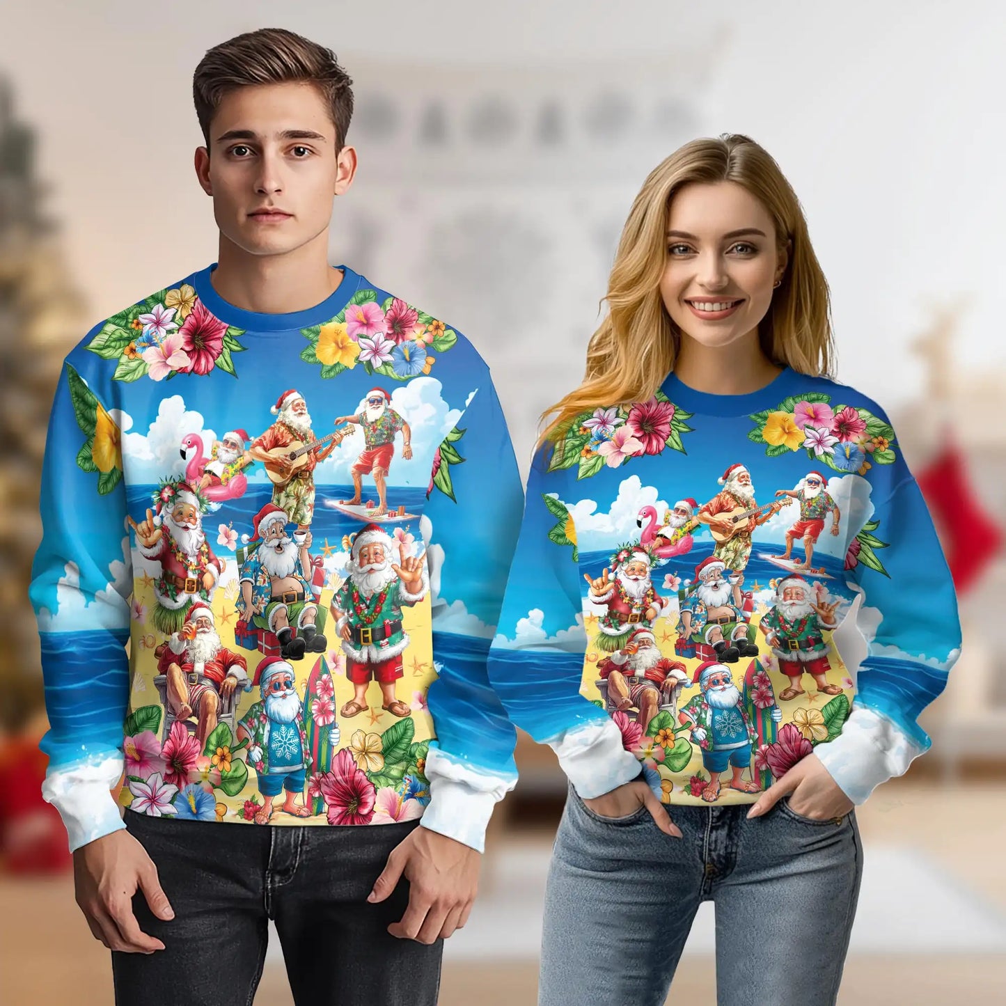 Tropical Santa Christmas Sweatshirt, 3D All Over Print Hawaiian Holiday Crewneck Pullover for Men Women, Santa Christmas Gift - Netecom