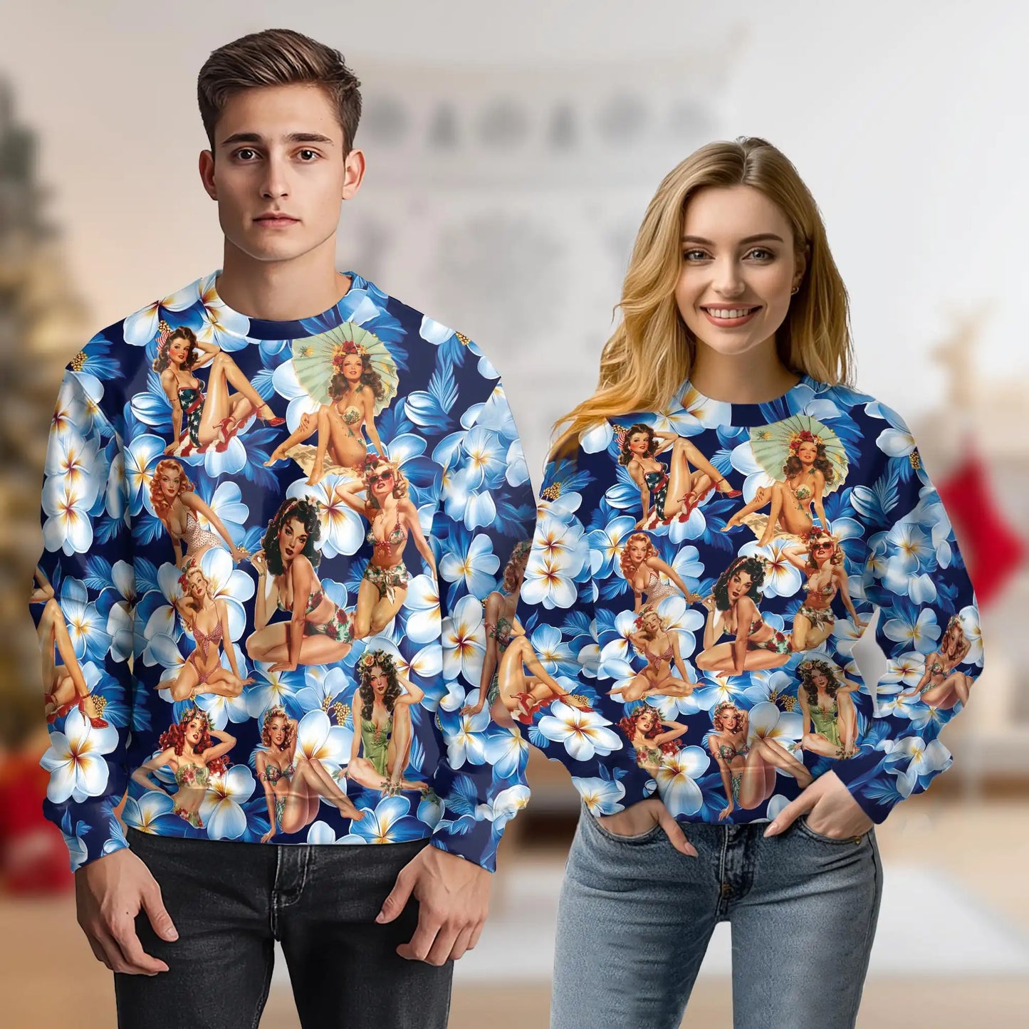 Retro Pinup Girl Floral Sweatshirt, 3D All Over Print Vintage Flower Crewneck Pullover for Men Women, Pinup Art Lover Gift - Netecom