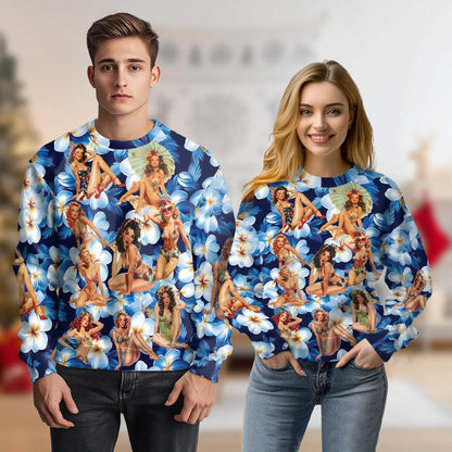 Retro Pinup Girl Floral Sweatshirt, 3D All Over Print Vintage Flower Crewneck Pullover for Men Women, Pinup Art Lover Gift - Netecom