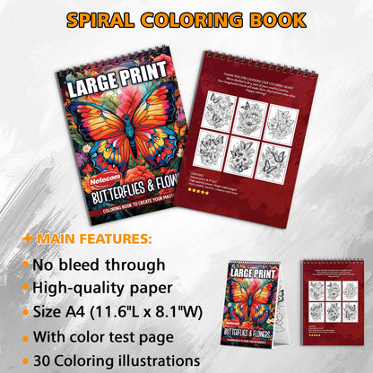 Large Print Butterflies and Flowers Spiral Bound Coloring Book, Delicate Butterflies and Floral Beauty in Large Print, Ideal for Stress Relief and Botanical Art Enthusiasts