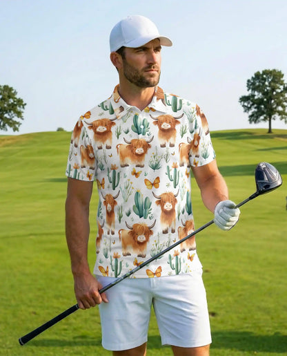 Highland Cow Polo Shirt - Cute Cactus Western Farm Style | Netecom