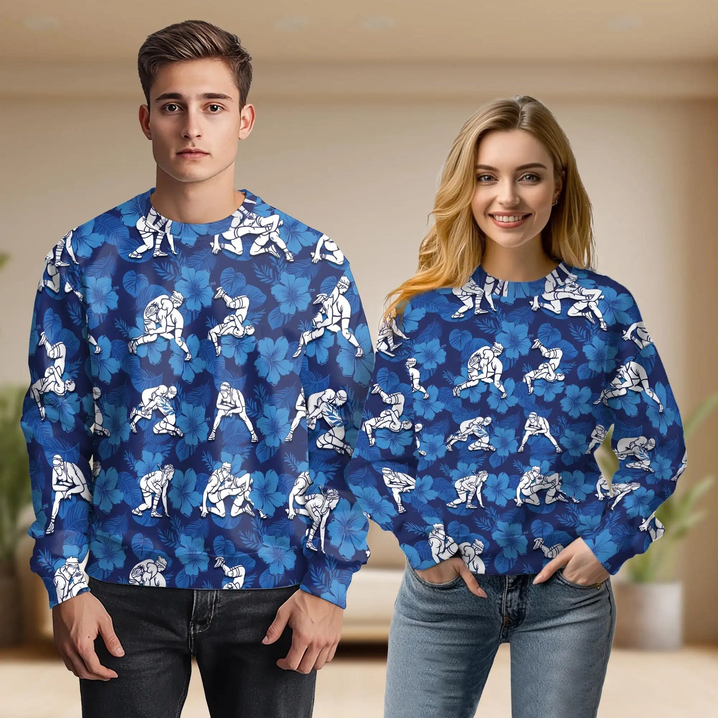 Wrestling Navy Blue Sweatshirt, 3D All Over Print Wrestling Sports Crewneck Pullover for Men Women, Wrestler Gift - Netecom