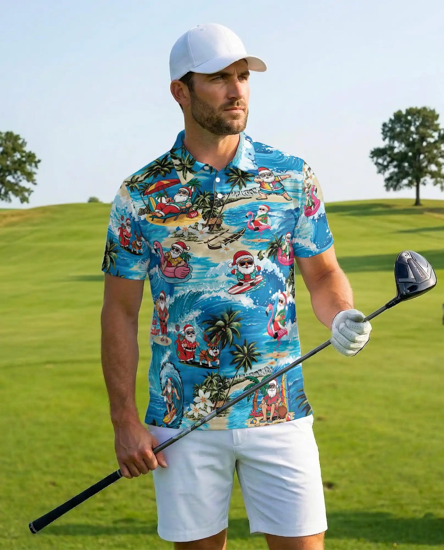 Tropical Santa Beach Christmas Polo Shirt for Men-Surfing Santa Hawaiian | Netecom