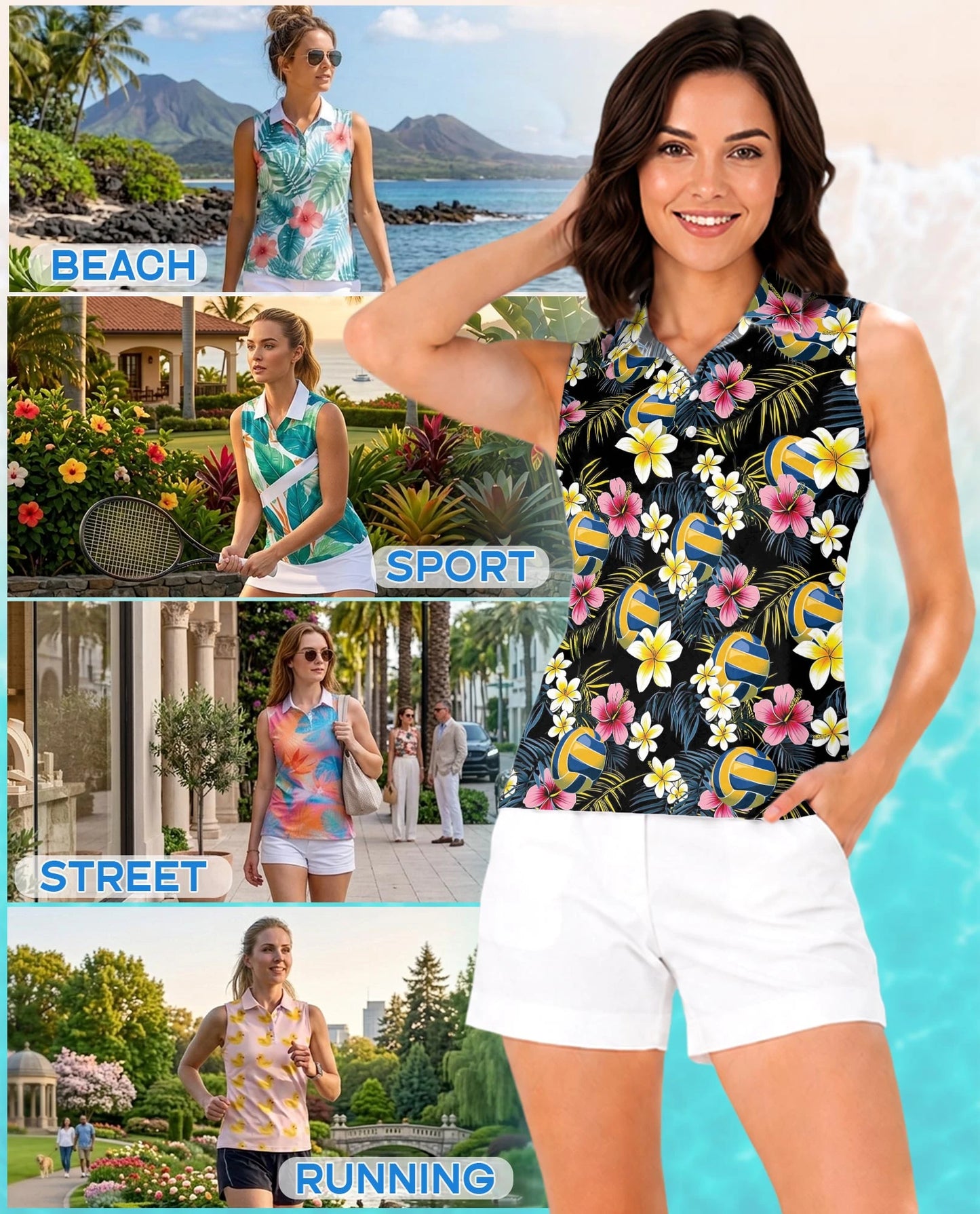 Volleyball Flower Sleeveless Polo Shirt for Women | Netecom