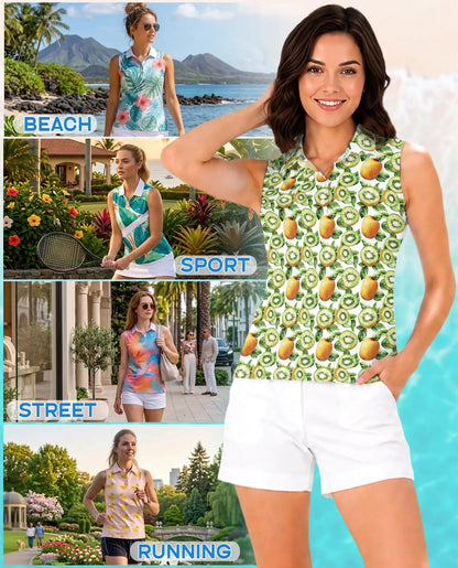 Kiwi Sleeveless Polo Shirt for Women – Fresh Fruit Summer Style | Netecom