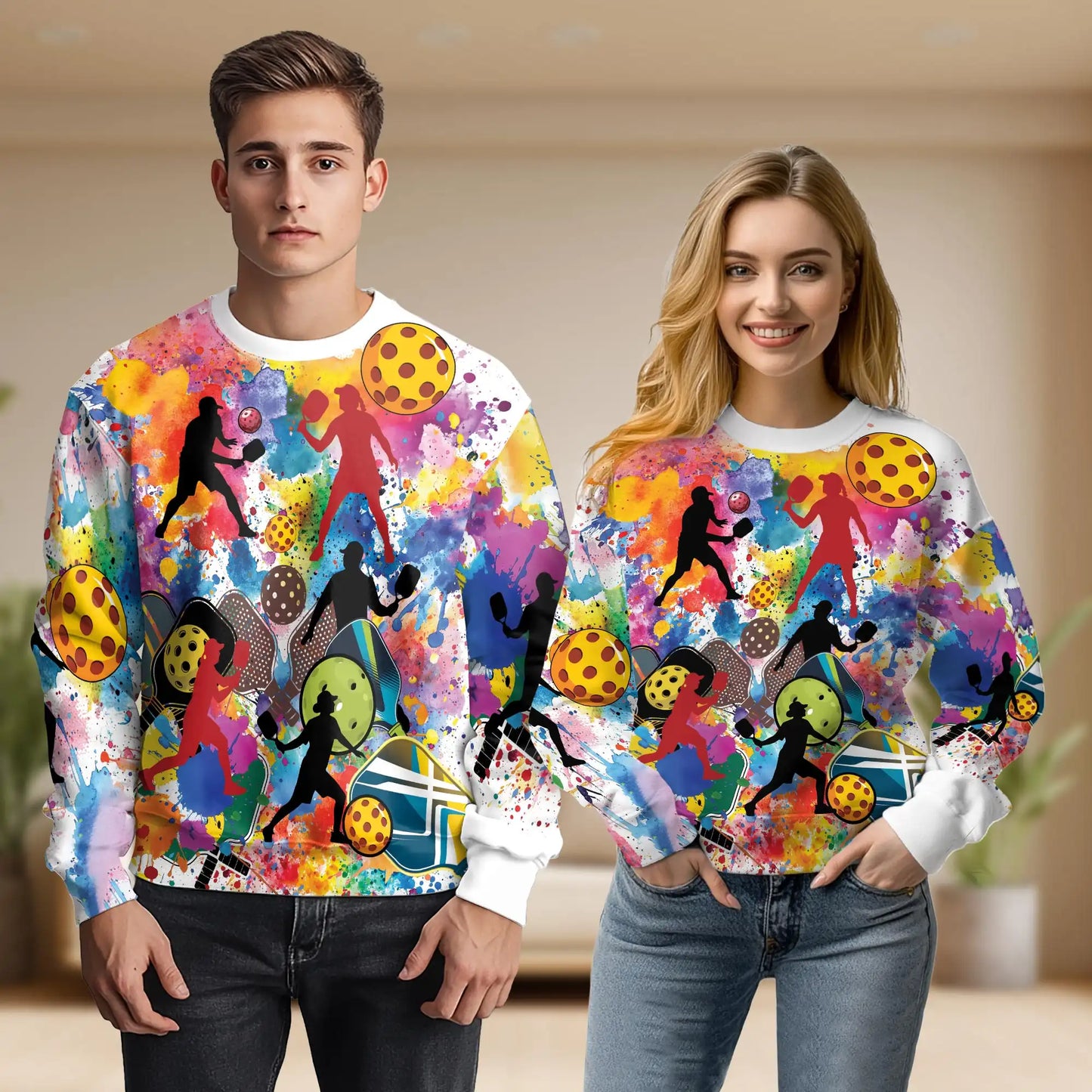 Pickleball Watercolor Splash Sweatshirt, 3D All Over Print Colorful Sports Crewneck Pullover for Men Women, Pickleball Lover Gift - Netecom