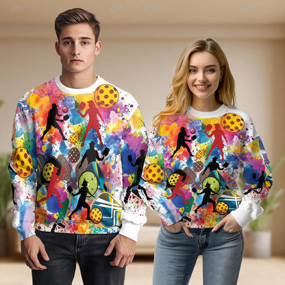 Pickleball Watercolor Splash Sweatshirt, 3D All Over Print Colorful Sports Crewneck Pullover for Men Women, Pickleball Lover Gift - Netecom